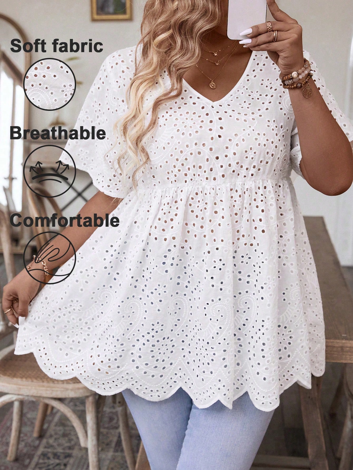 Embroidery Eyelet - Women's Plus Size White Eyelet Embroidery