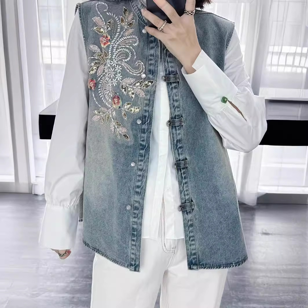 Embroidery Jacket Jeans - Denim Coats Women Vests Coat Round