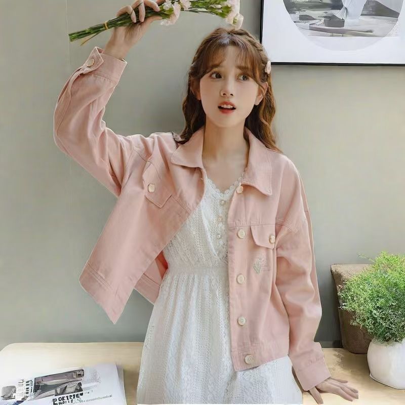 Fashion Pink Denim Jacket Wome - Embroidery Jacket Jeans 评论和价格