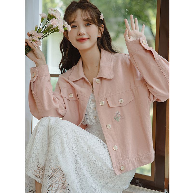 Fashion Pink Denim Jacket Wome - Embroidery Jacket Jeans 评论和价格