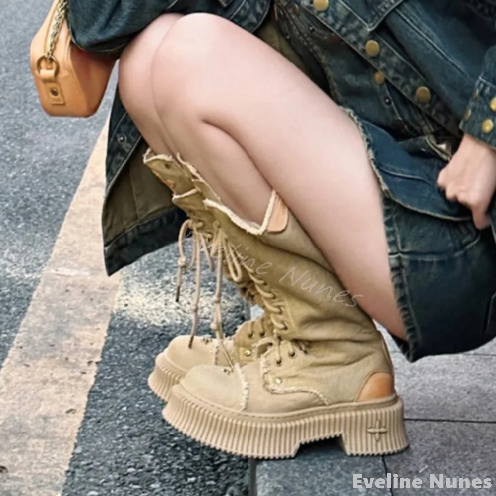 Cross-embroidery Lace-up Knee- - Embroidery Lace 评论和价格