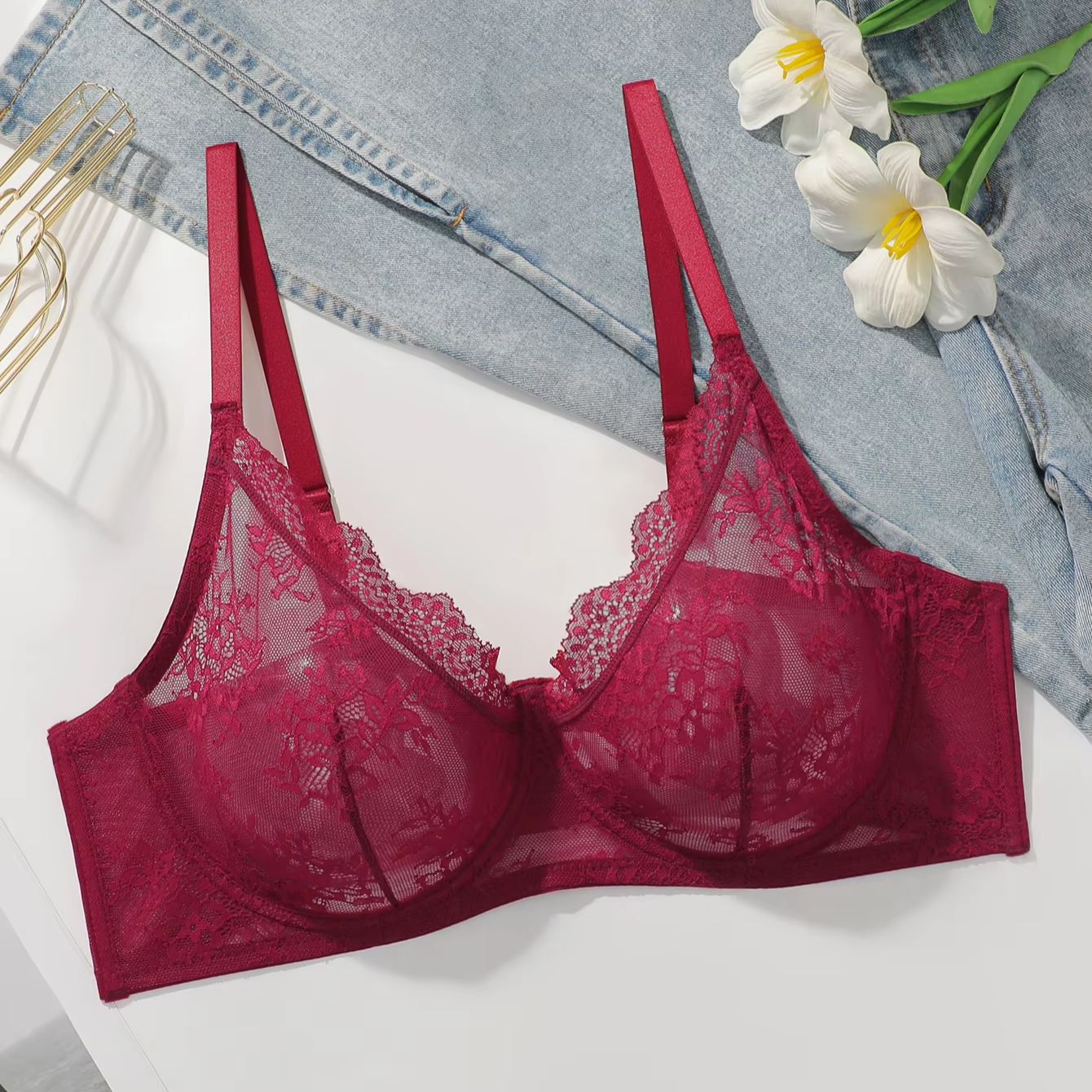 Women Plus Size Red Lace Sheer - Embroidery Lace 评论和价格
